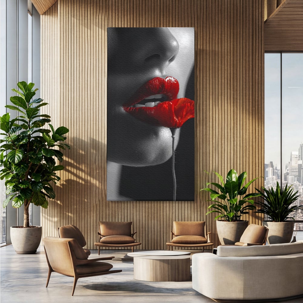 Tablou canvas cu tablou canvas cu buze si mac, fara rama, pe sasiu de lemn, pe perete intr-un birou